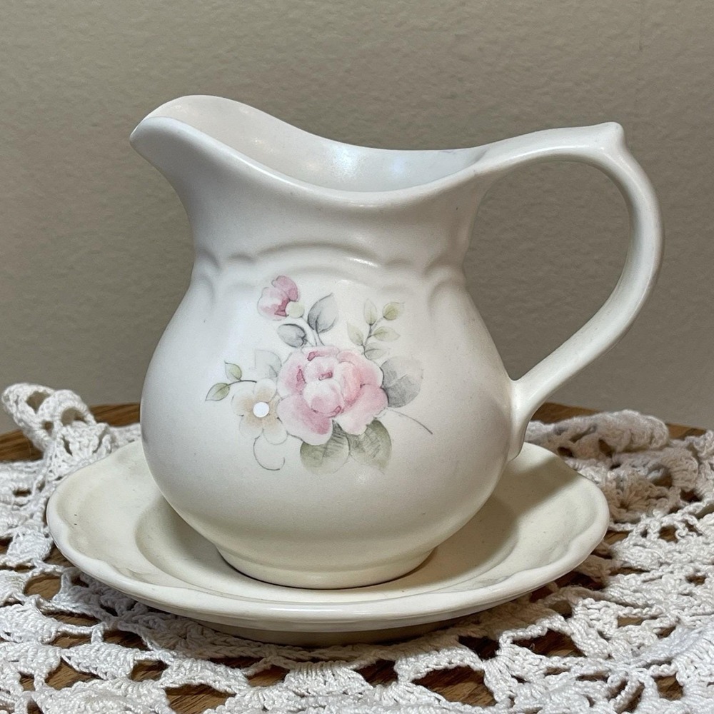 Pfaltzgraff Tea Rose Small Creamer Pitcher With Saucer USA Cottagecore Vintage